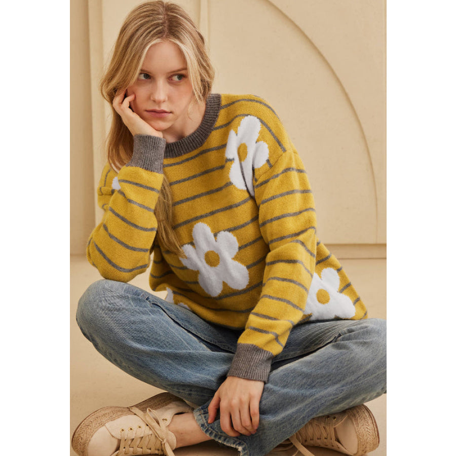 Flower Stripe Round Neck Long Sleeve Sweater Apparel and Accessories