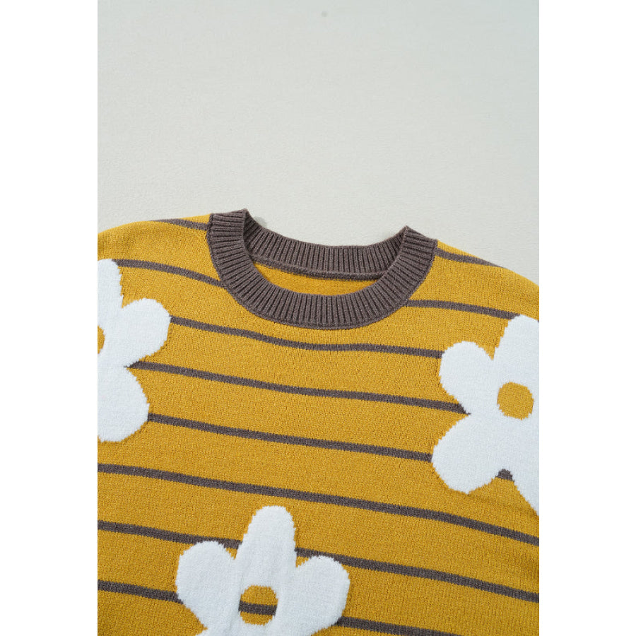 Flower Stripe Round Neck Long Sleeve Sweater Apparel and Accessories