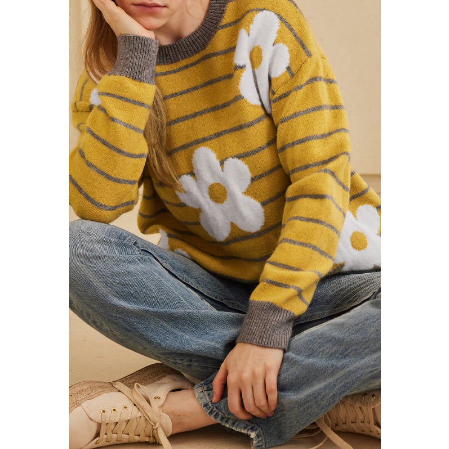 Flower Stripe Round Neck Long Sleeve Sweater Yellow / S Apparel and Accessories