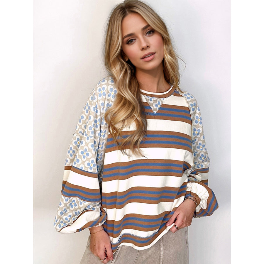 Flower &amp; Striped Print Round Neck Sweatshirt Apparel and Accessories