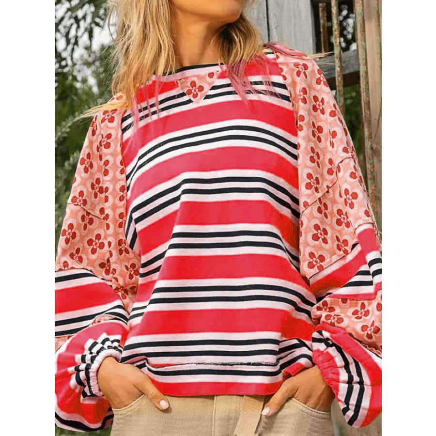 Flower &amp; Striped Print Round Neck Sweatshirt Apparel and Accessories