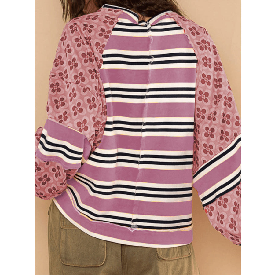 Flower &amp; Striped Print Round Neck Sweatshirt Apparel and Accessories