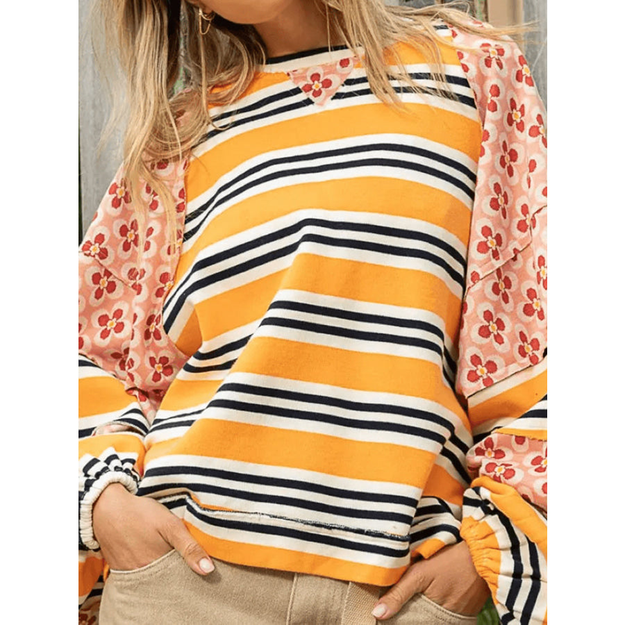 Flower &amp; Striped Print Round Neck Sweatshirt Apparel and Accessories