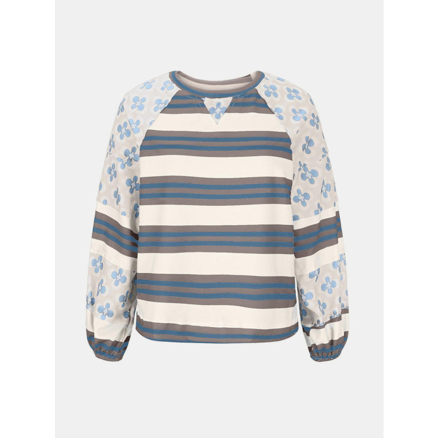 Flower &amp; Striped Print Round Neck Sweatshirt Apparel and Accessories