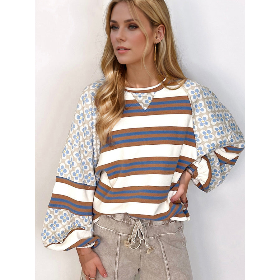 Flower &amp; Striped Print Round Neck Sweatshirt Apparel and Accessories