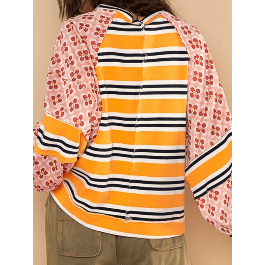 Flower &amp; Striped Print Round Neck Sweatshirt Apparel and Accessories