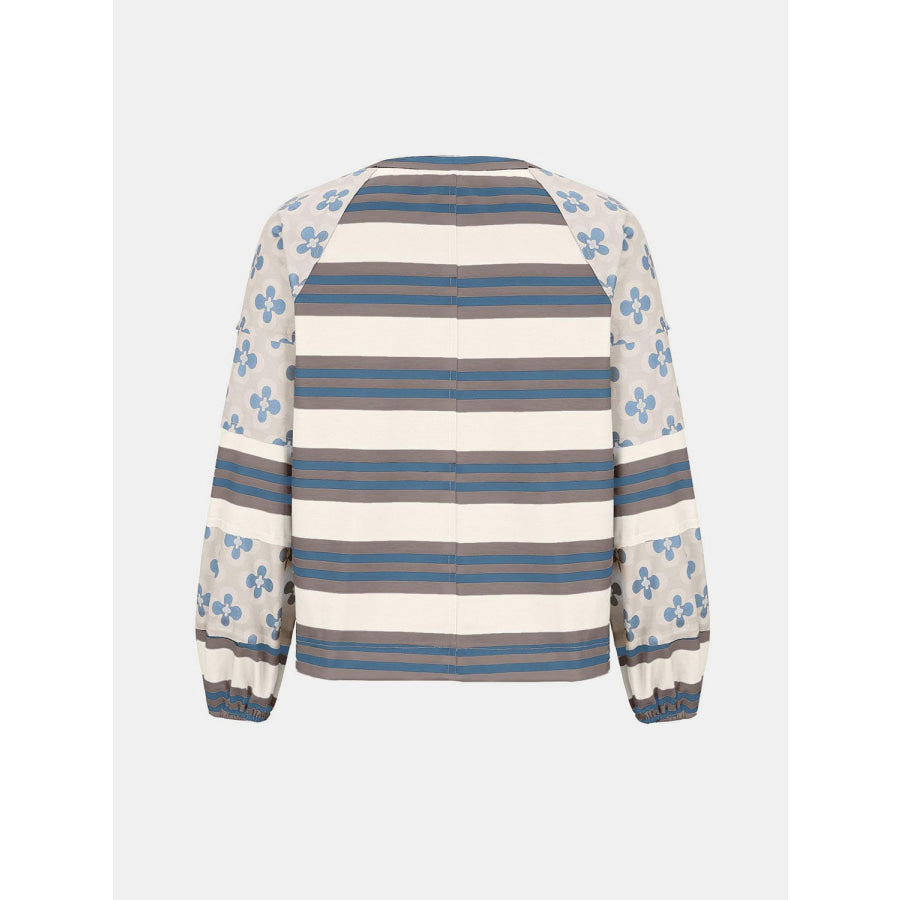 Flower &amp; Striped Print Round Neck Sweatshirt Apparel and Accessories