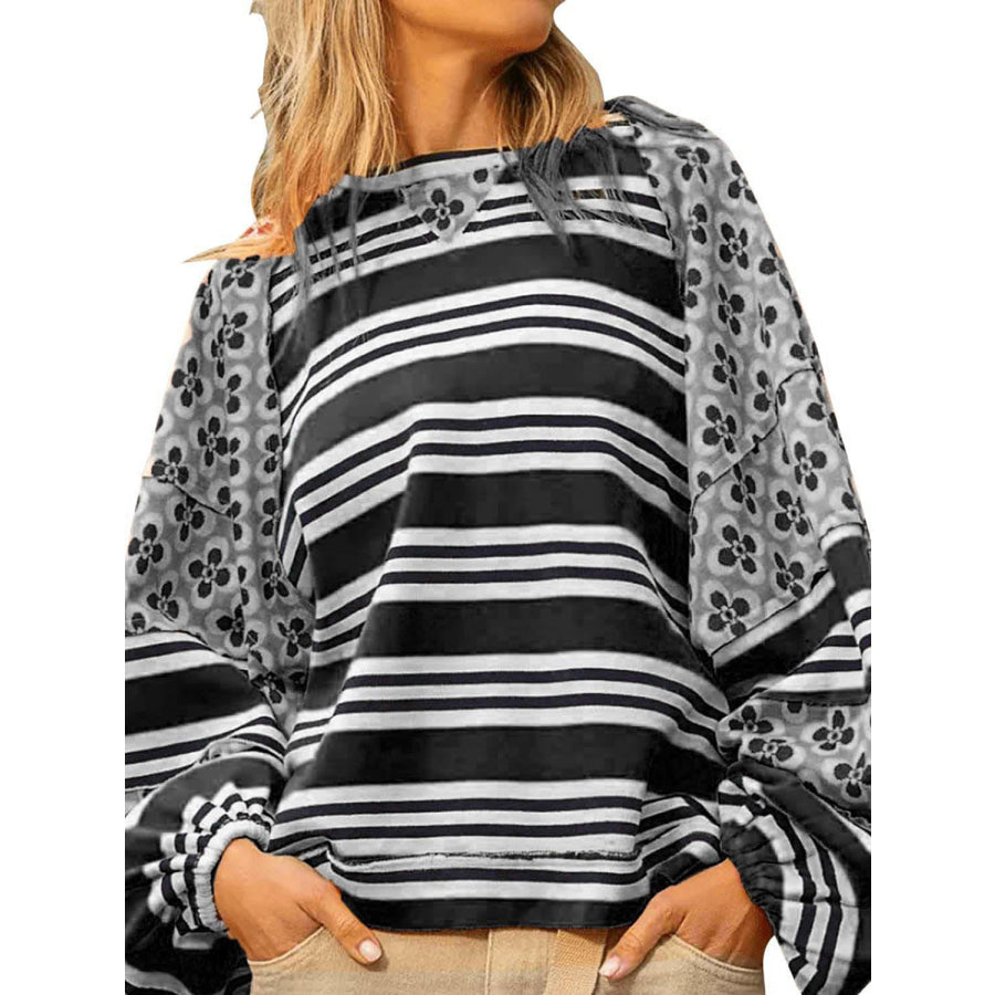 Flower &amp; Striped Print Round Neck Sweatshirt Black / S Apparel and Accessories