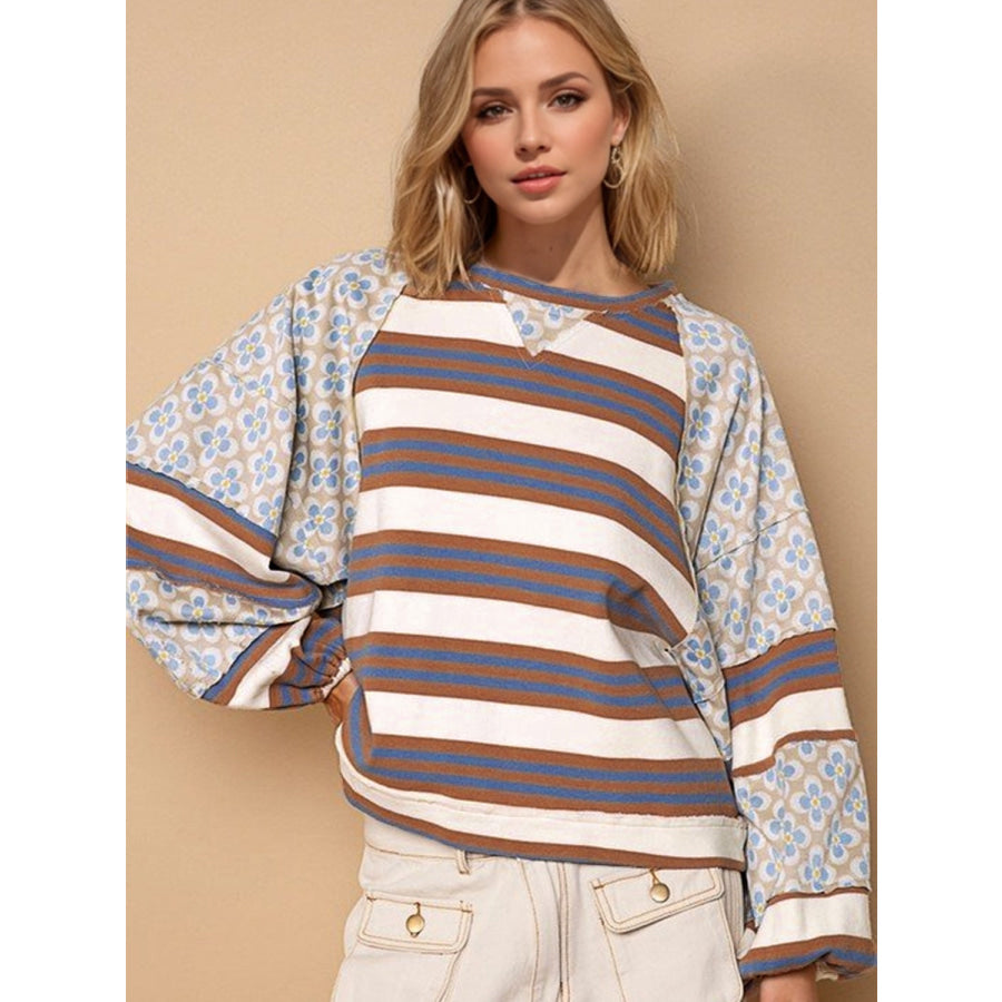 Flower &amp; Striped Print Round Neck Sweatshirt Camel / S Apparel and Accessories