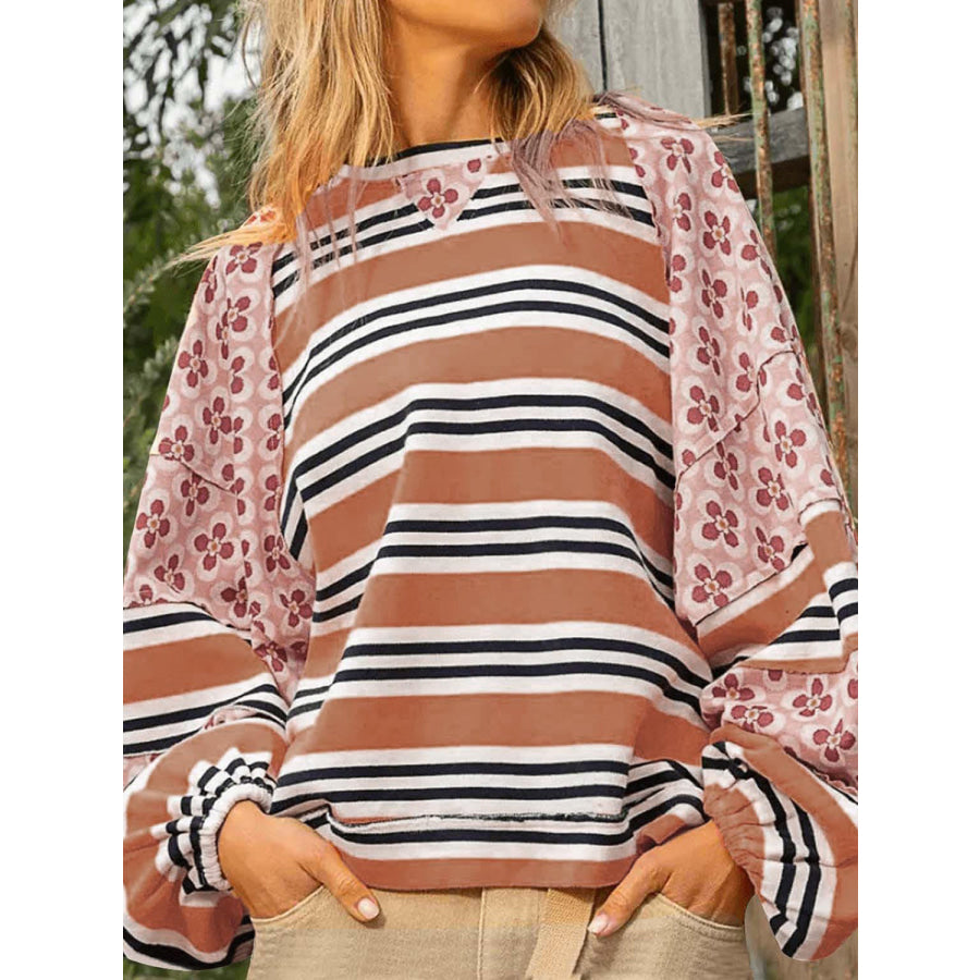 Flower &amp; Striped Print Round Neck Sweatshirt Caramel / S Apparel and Accessories