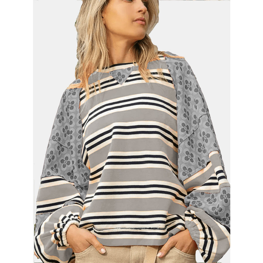 Flower &amp; Striped Print Round Neck Sweatshirt Dark Gray / S Apparel and Accessories