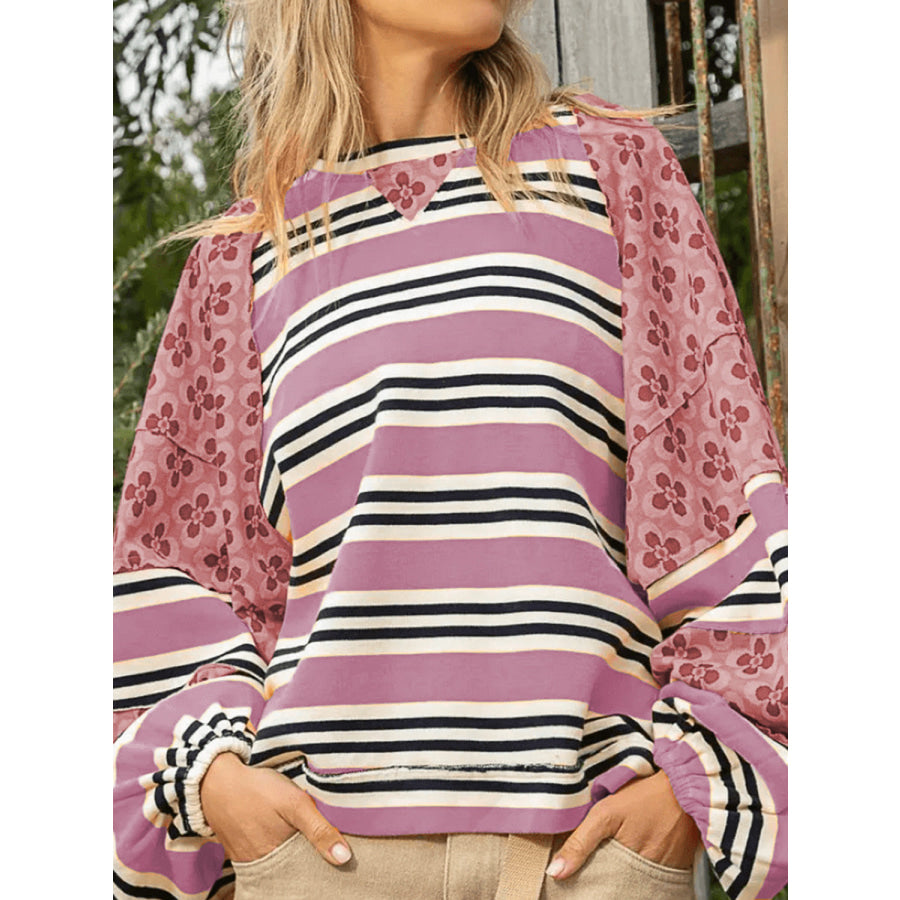 Flower &amp; Striped Print Round Neck Sweatshirt Dusty Pink / S Apparel and Accessories