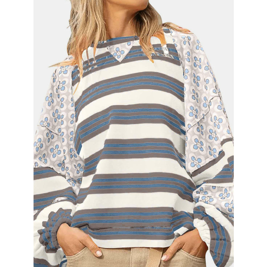 Flower &amp; Striped Print Round Neck Sweatshirt French Blue / S Apparel and Accessories