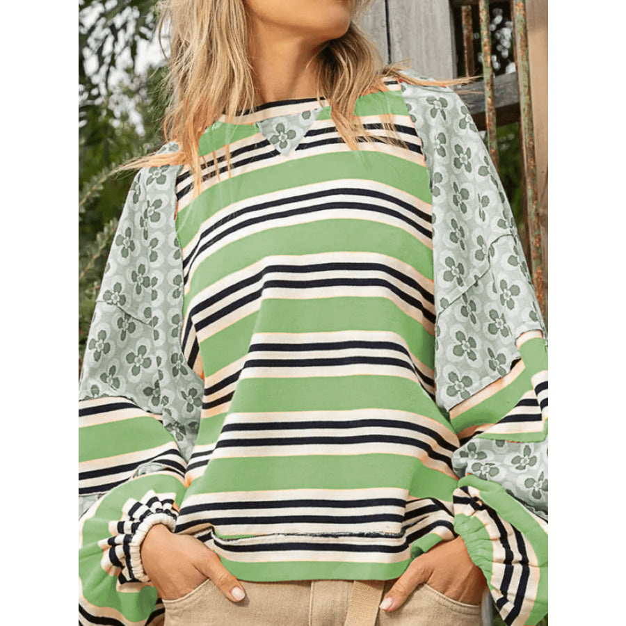 Flower &amp; Striped Print Round Neck Sweatshirt Gum Leaf / S Apparel and Accessories