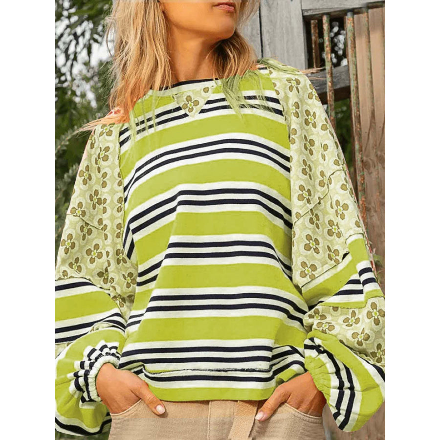 Flower &amp; Striped Print Round Neck Sweatshirt Lime / S Apparel and Accessories