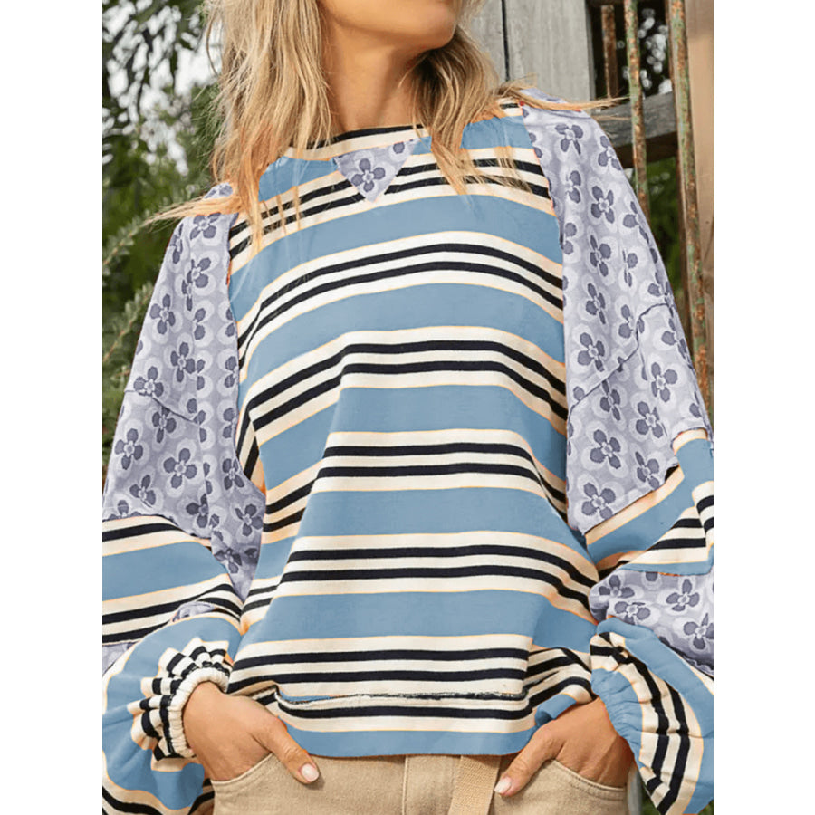 Flower &amp; Striped Print Round Neck Sweatshirt Pastel Blue / S Apparel and Accessories