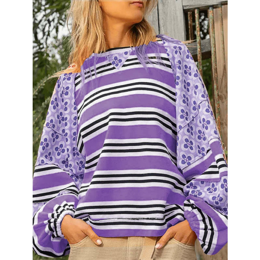 Flower &amp; Striped Print Round Neck Sweatshirt Purple / S Apparel and Accessories