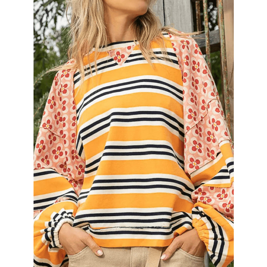 Flower &amp; Striped Print Round Neck Sweatshirt Tangerine / S Apparel and Accessories