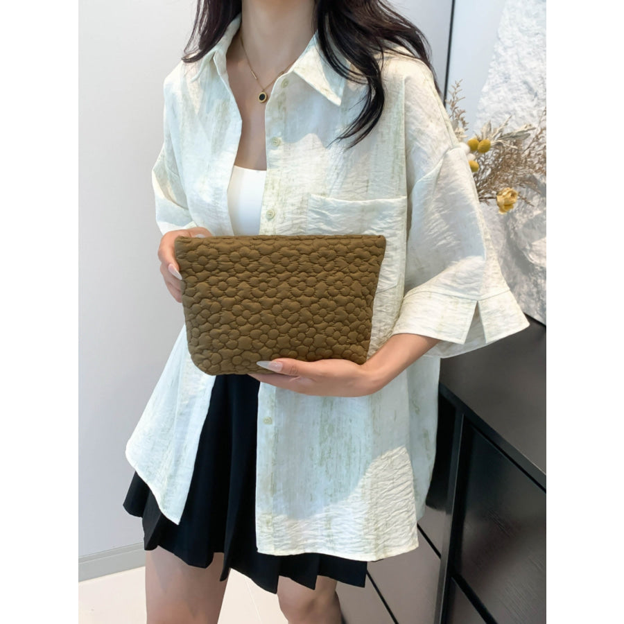 Flower Texture Polyester Clutch Olive Brown / One Size Apparel and Accessories