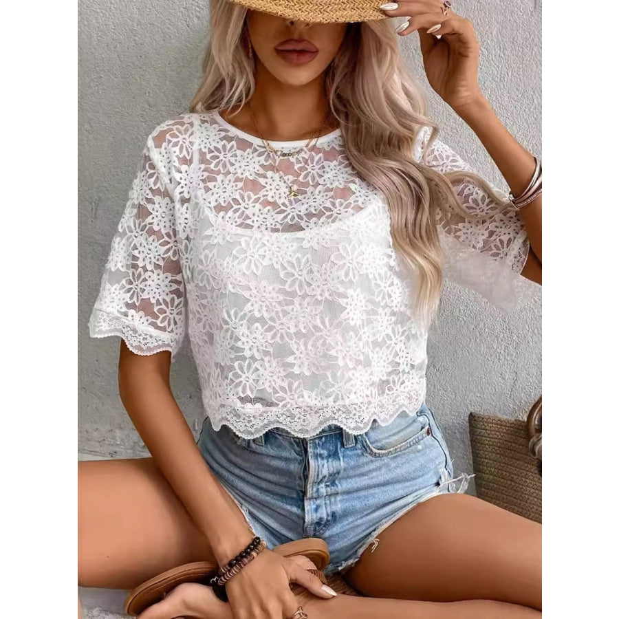 Flower Texture Round Neck Short Sleeve Top Apparel and Accessories