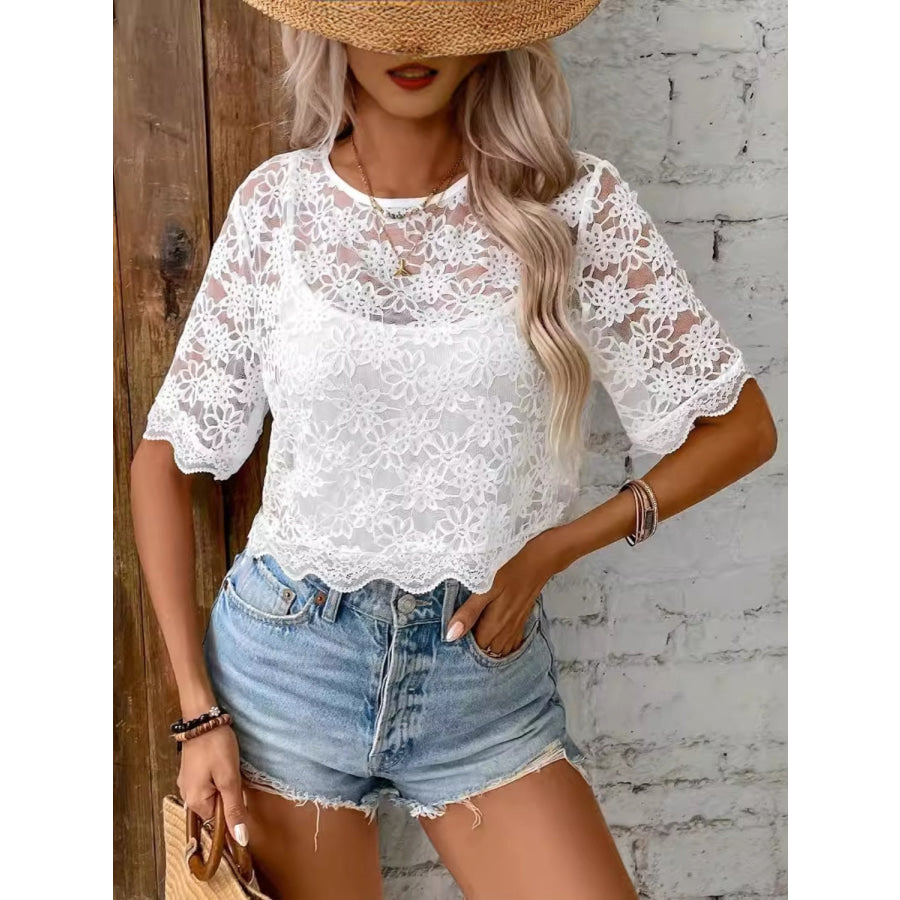 Flower Texture Round Neck Short Sleeve Top Apparel and Accessories