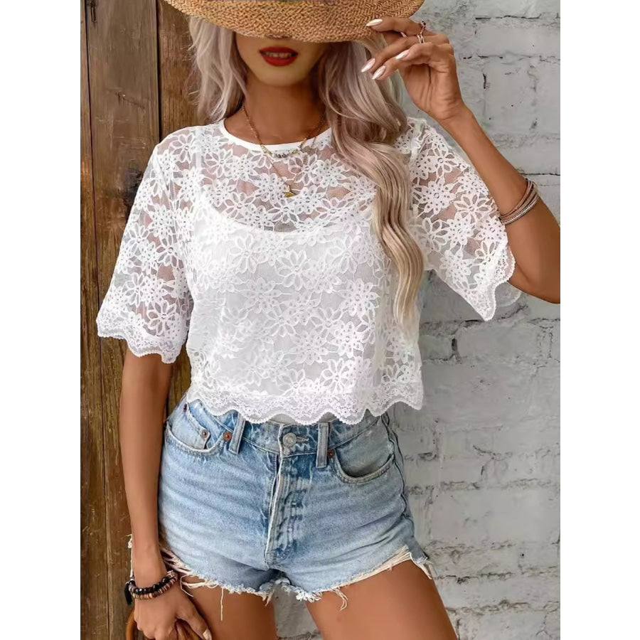 Flower Texture Round Neck Short Sleeve Top Apparel and Accessories