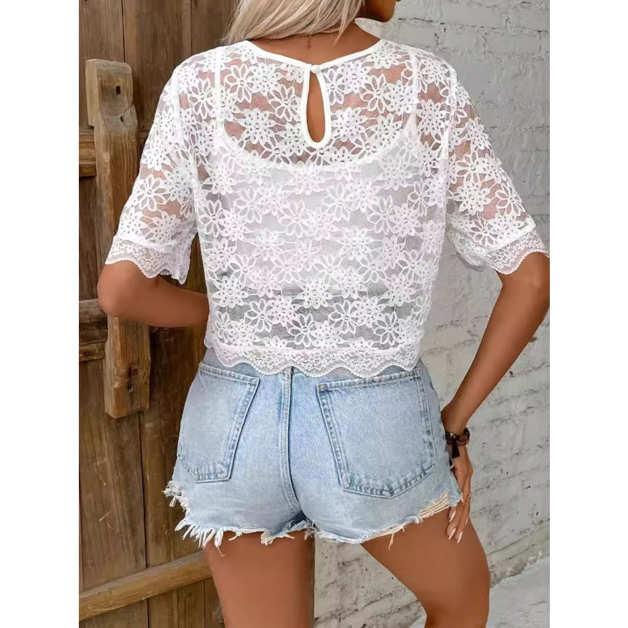 Flower Texture Round Neck Short Sleeve Top Apparel and Accessories