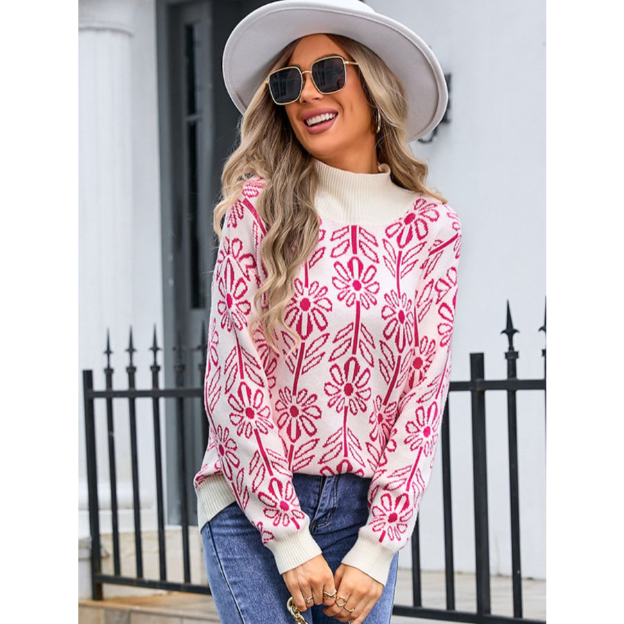 Flower Turtleneck Long Sleeve Sweater Apparel and Accessories