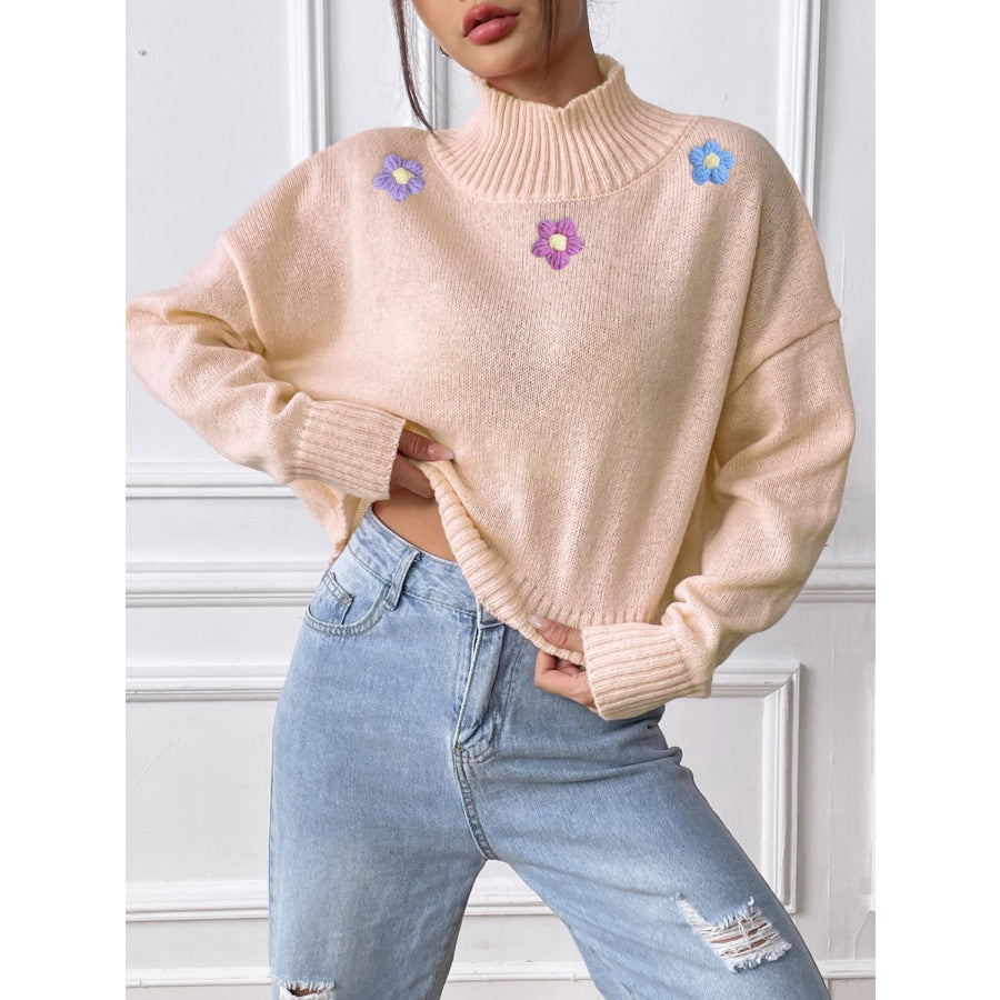 Flower Turtleneck Long Sleeve Sweater Apparel and Accessories