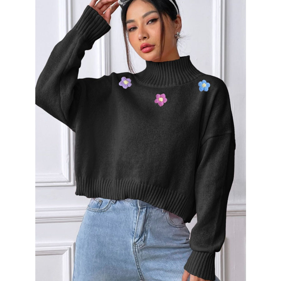 Flower Turtleneck Long Sleeve Sweater Apparel and Accessories