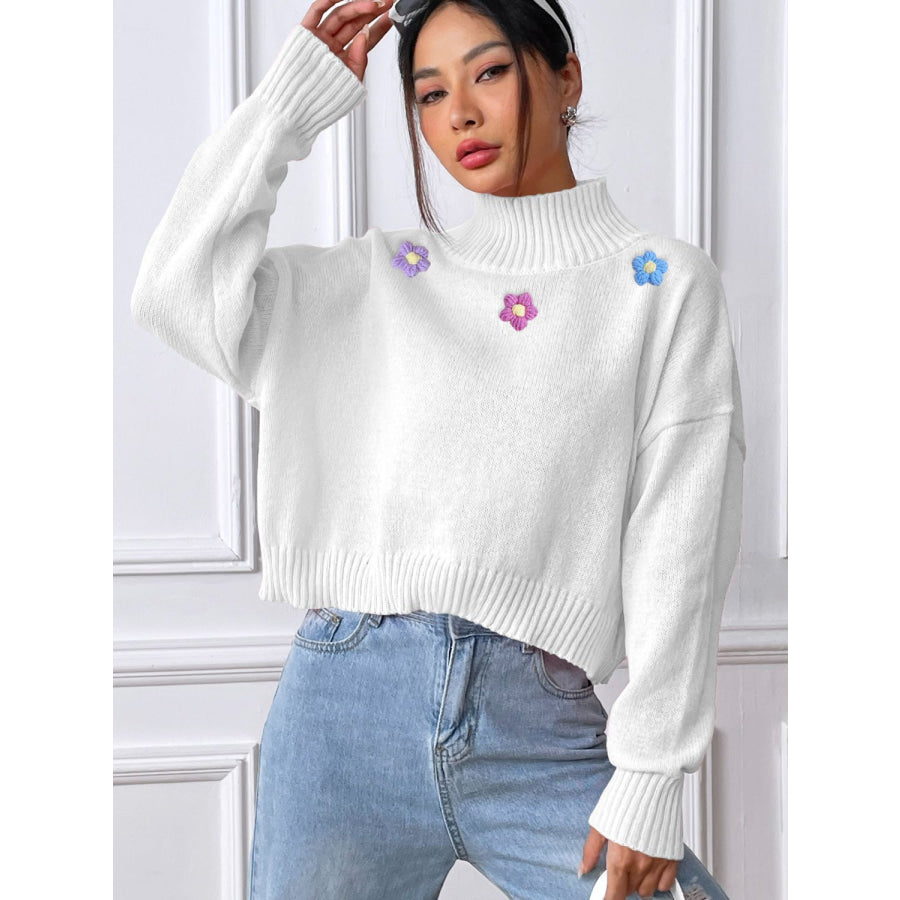 Flower Turtleneck Long Sleeve Sweater Apparel and Accessories