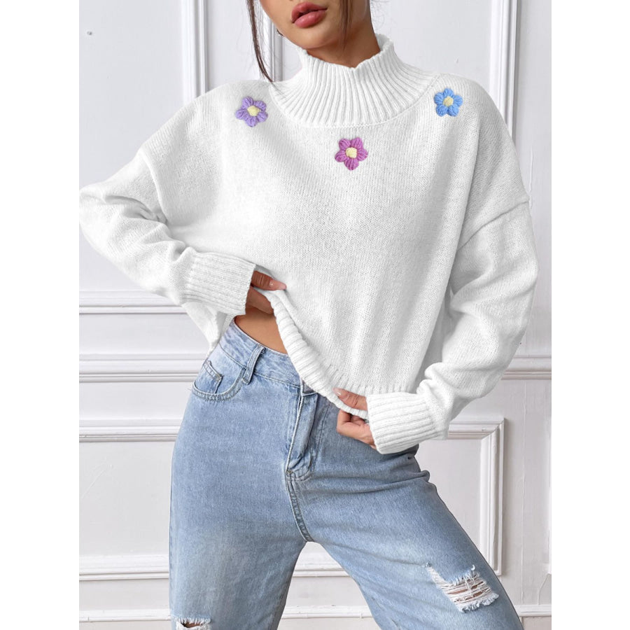 Flower Turtleneck Long Sleeve Sweater Apparel and Accessories