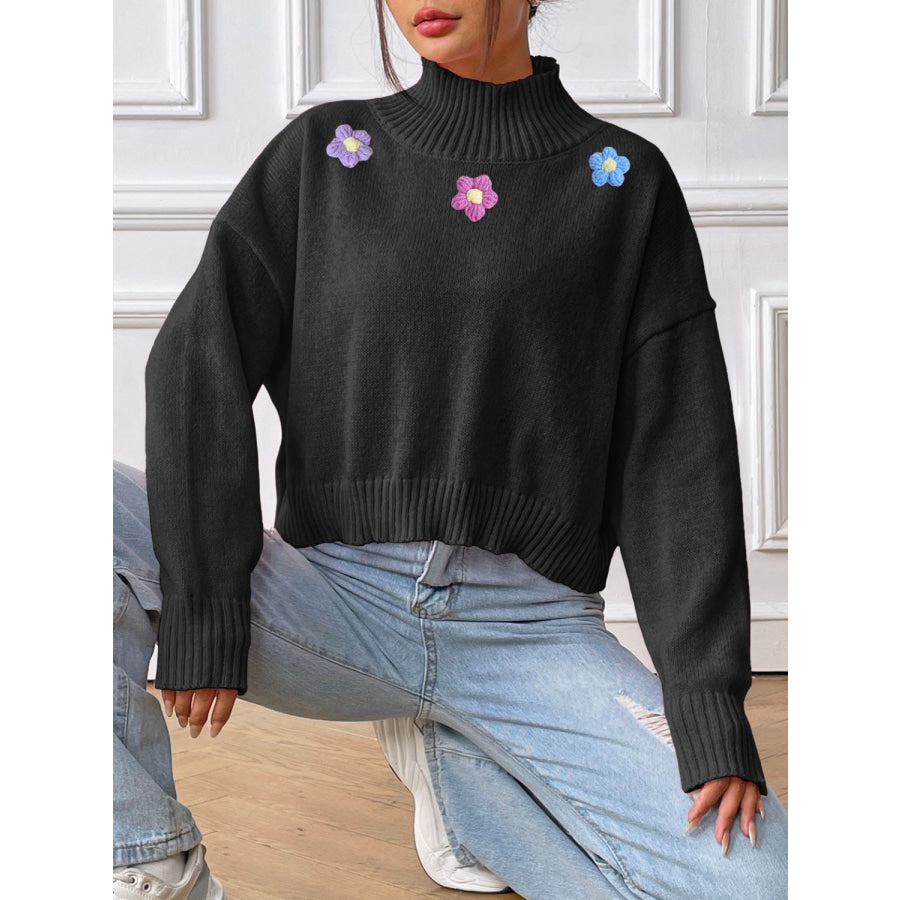 Flower Turtleneck Long Sleeve Sweater Apparel and Accessories