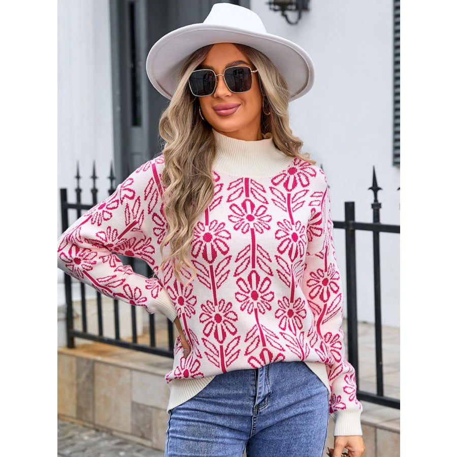 Flower Turtleneck Long Sleeve Sweater Apparel and Accessories