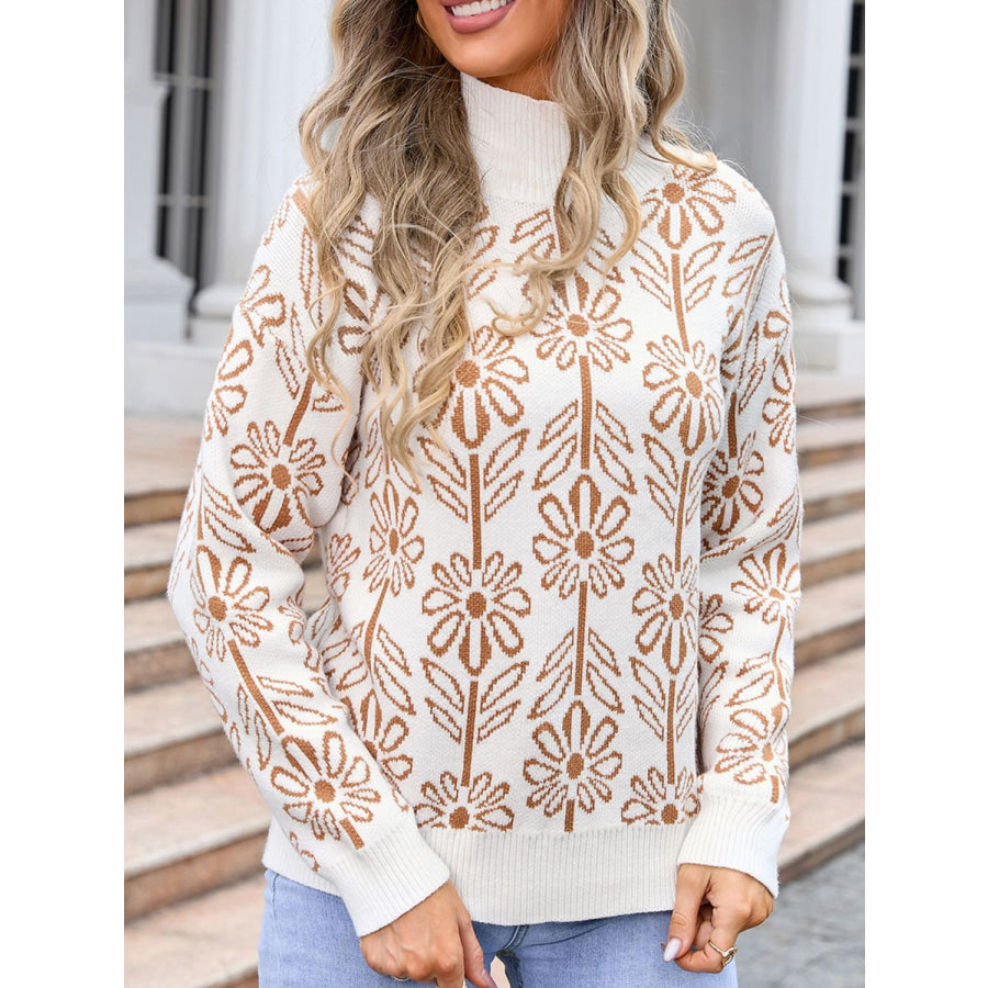 Flower Turtleneck Long Sleeve Sweater Apparel and Accessories