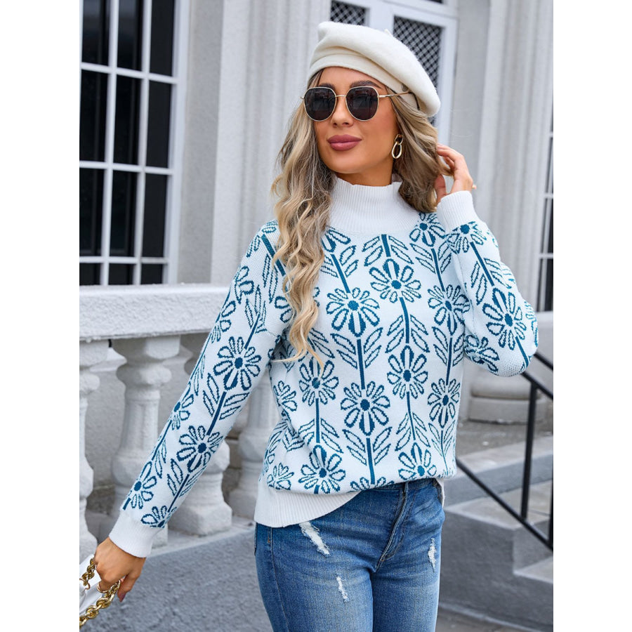 Flower Turtleneck Long Sleeve Sweater Apparel and Accessories