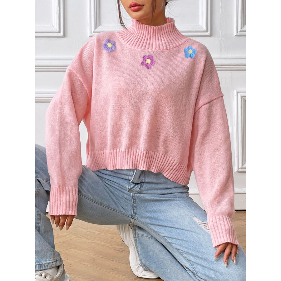 Flower Turtleneck Long Sleeve Sweater Apparel and Accessories