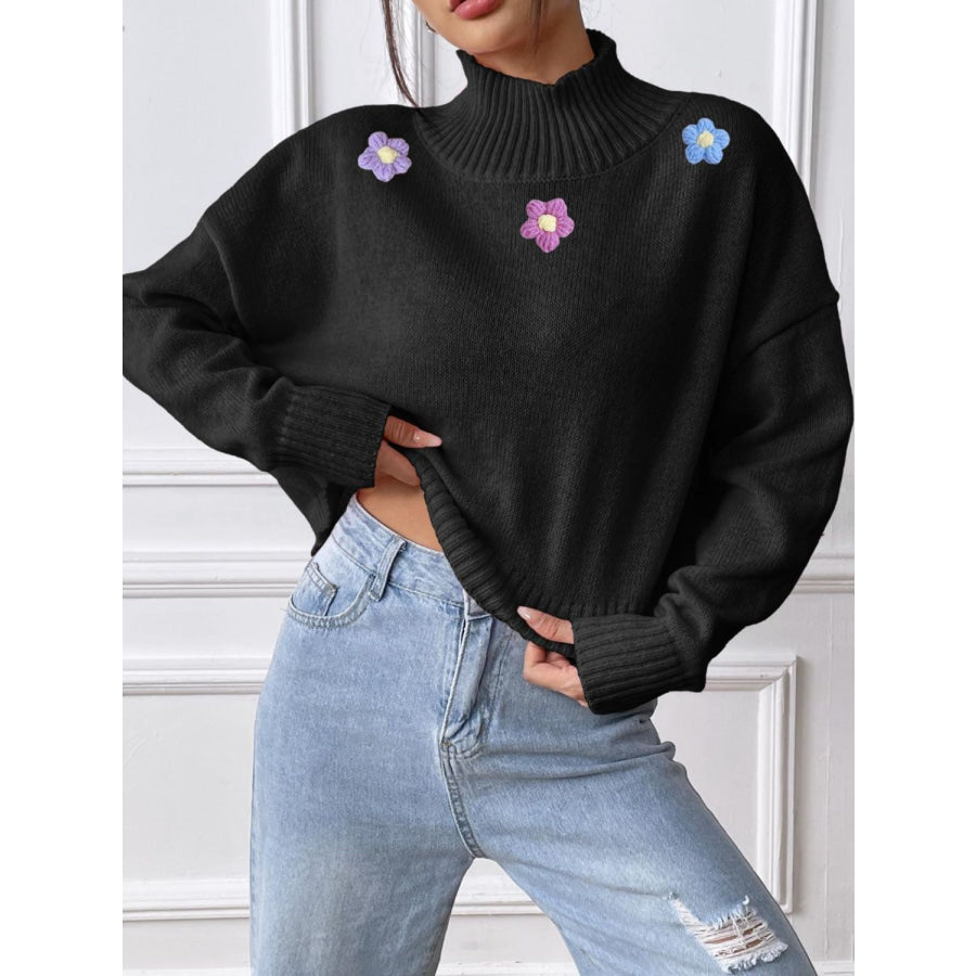 Flower Turtleneck Long Sleeve Sweater Black / S Apparel and Accessories