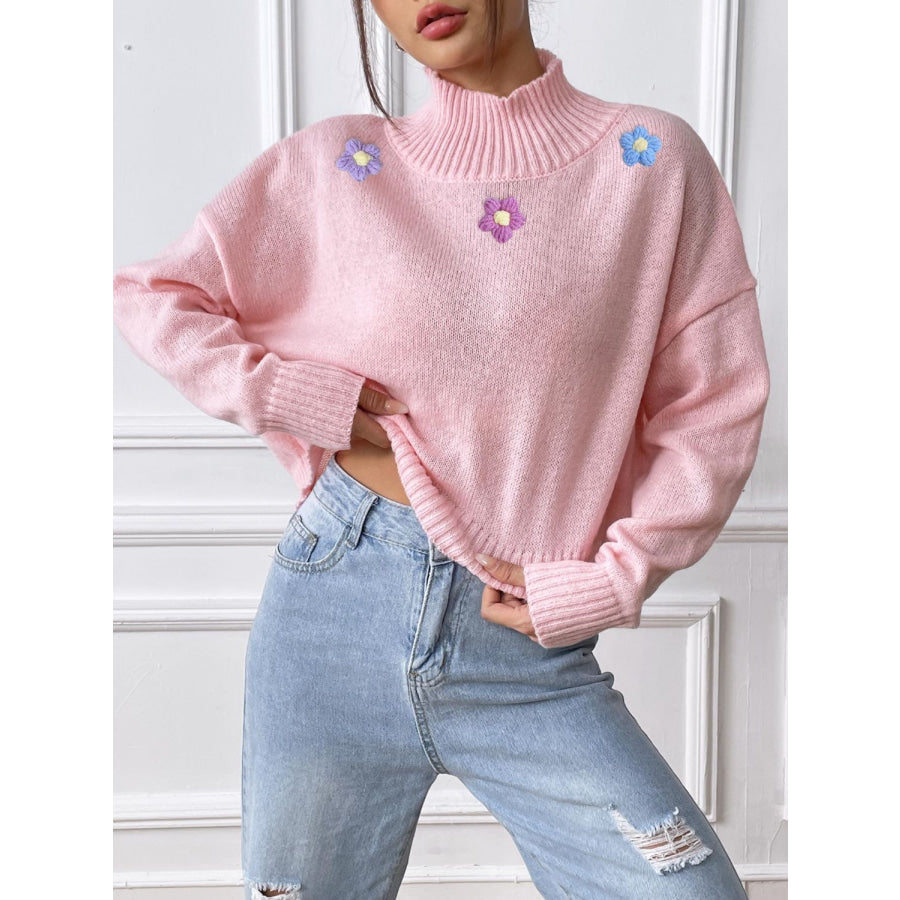 Flower Turtleneck Long Sleeve Sweater Blush Pink / S Apparel and Accessories