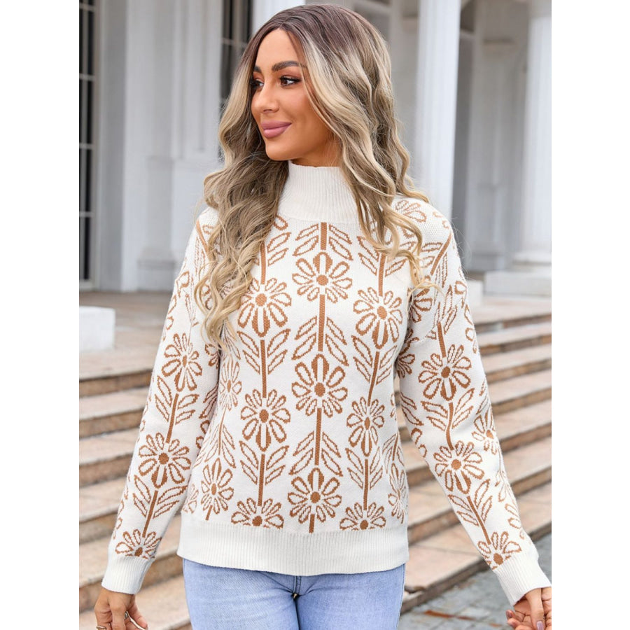 Flower Turtleneck Long Sleeve Sweater Camel / S Apparel and Accessories