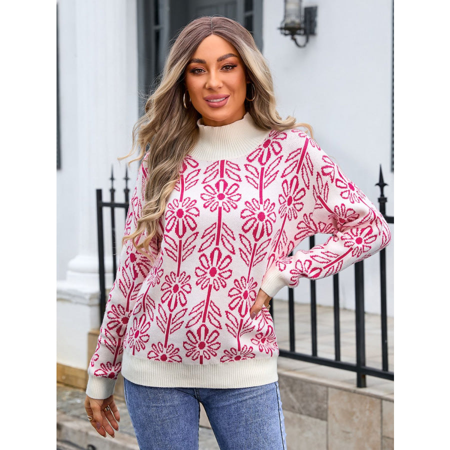 Flower Turtleneck Long Sleeve Sweater Deep Rose / S Apparel and Accessories