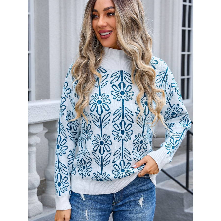 Flower Turtleneck Long Sleeve Sweater Peacock Blue / S Apparel and Accessories