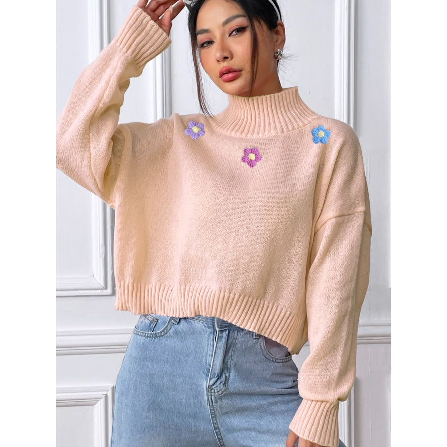 Flower Turtleneck Long Sleeve Sweater Tan / S Apparel and Accessories