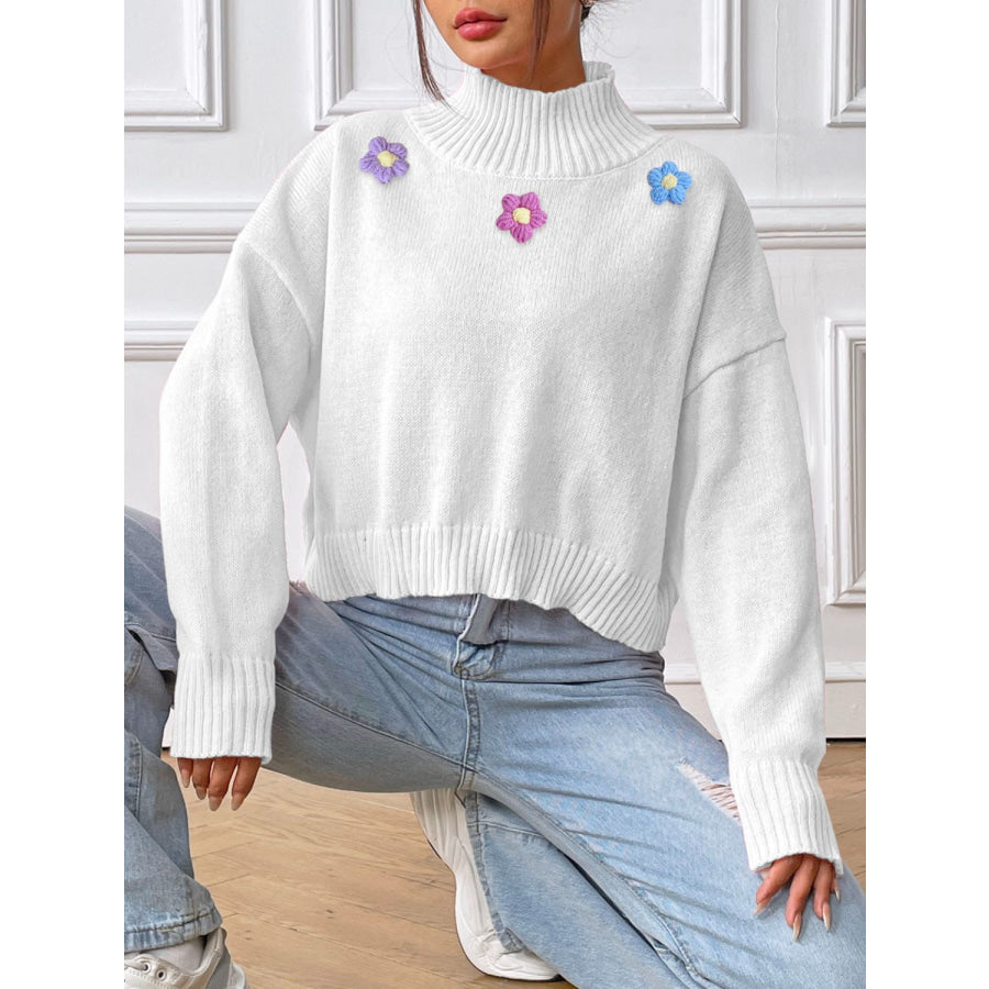 Flower Turtleneck Long Sleeve Sweater White / S Apparel and Accessories