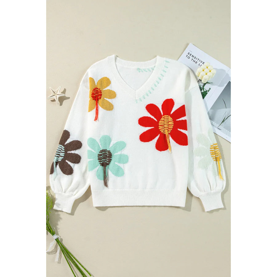 Flower V-Neck Dropped Shoulder Sweater Apparel and Accessories