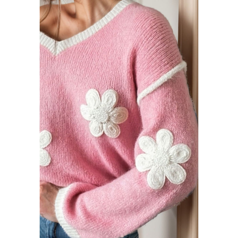 Flower V-Neck Dropped Shoulder Sweater Apparel and Accessories