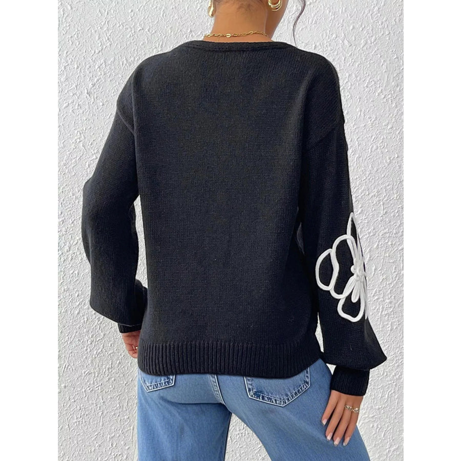 Flower V-Neck Dropped Shoulder Sweater Apparel and Accessories