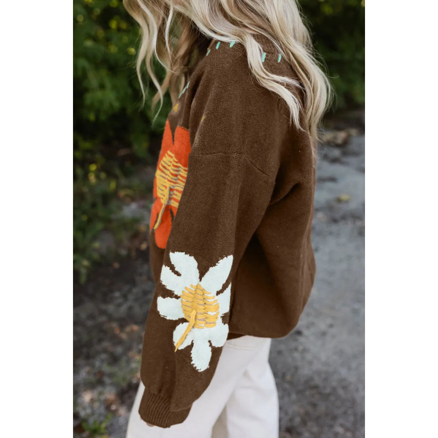 Flower V-Neck Dropped Shoulder Sweater Apparel and Accessories