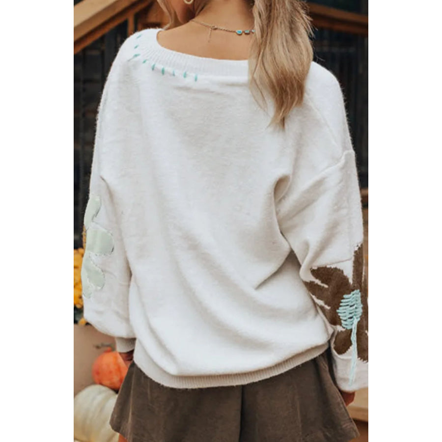 Flower V-Neck Dropped Shoulder Sweater Apparel and Accessories