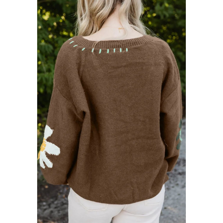 Flower V-Neck Dropped Shoulder Sweater Apparel and Accessories